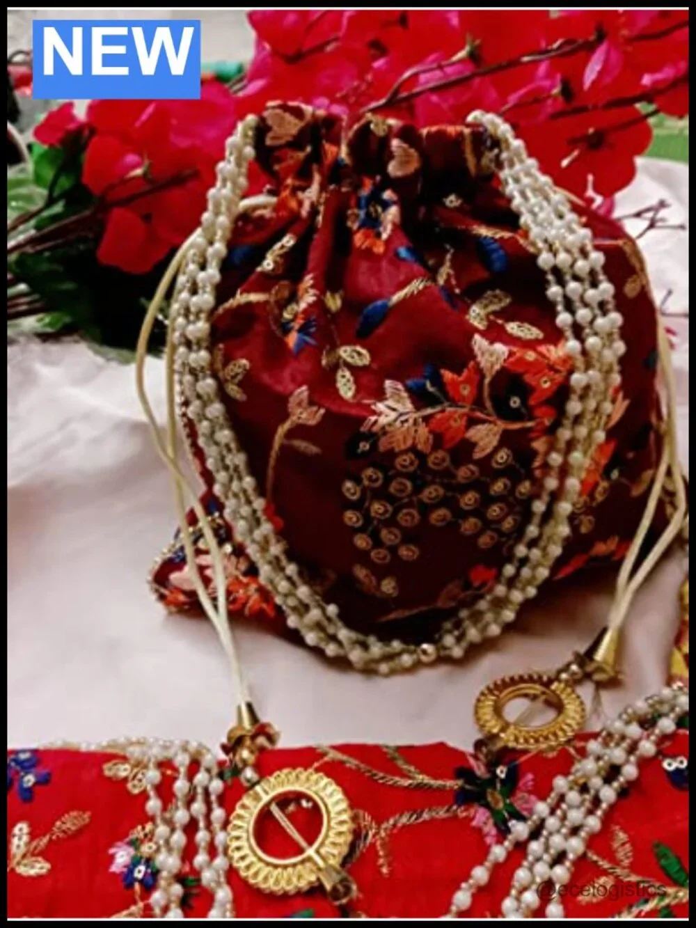 Handmade Embroidered Silk Potli Bag Pearl Handle Drawstring Clutch for Weddings